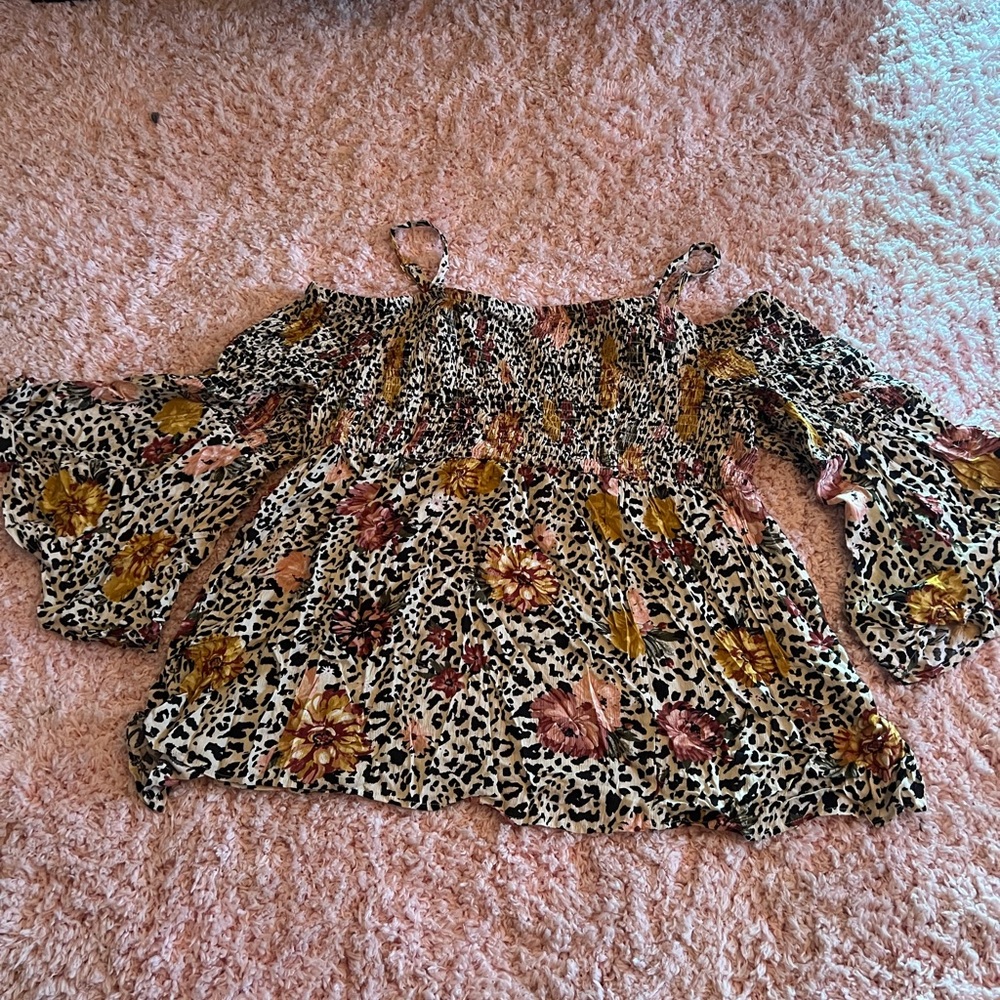 Floral Cheetah print off the shoulder blouse